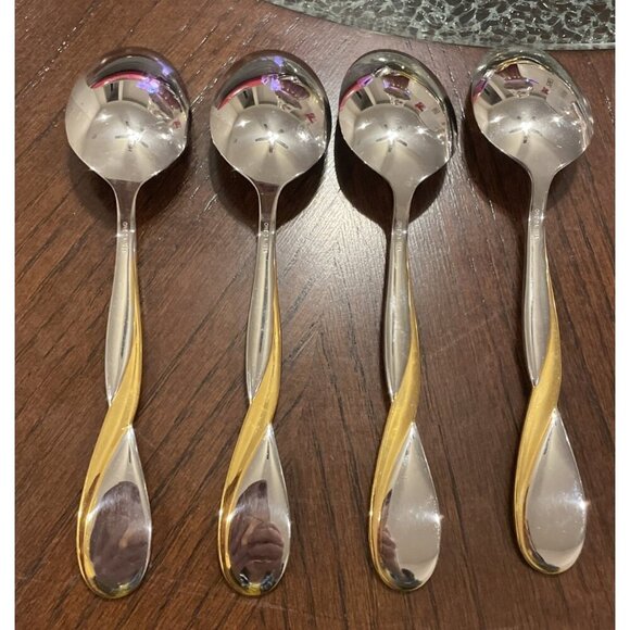 Oneida USA Golden Aquarius‎ Stainless Steel Oval Soup Spoons Set Of 4 Flatware - Picture 2 of 4